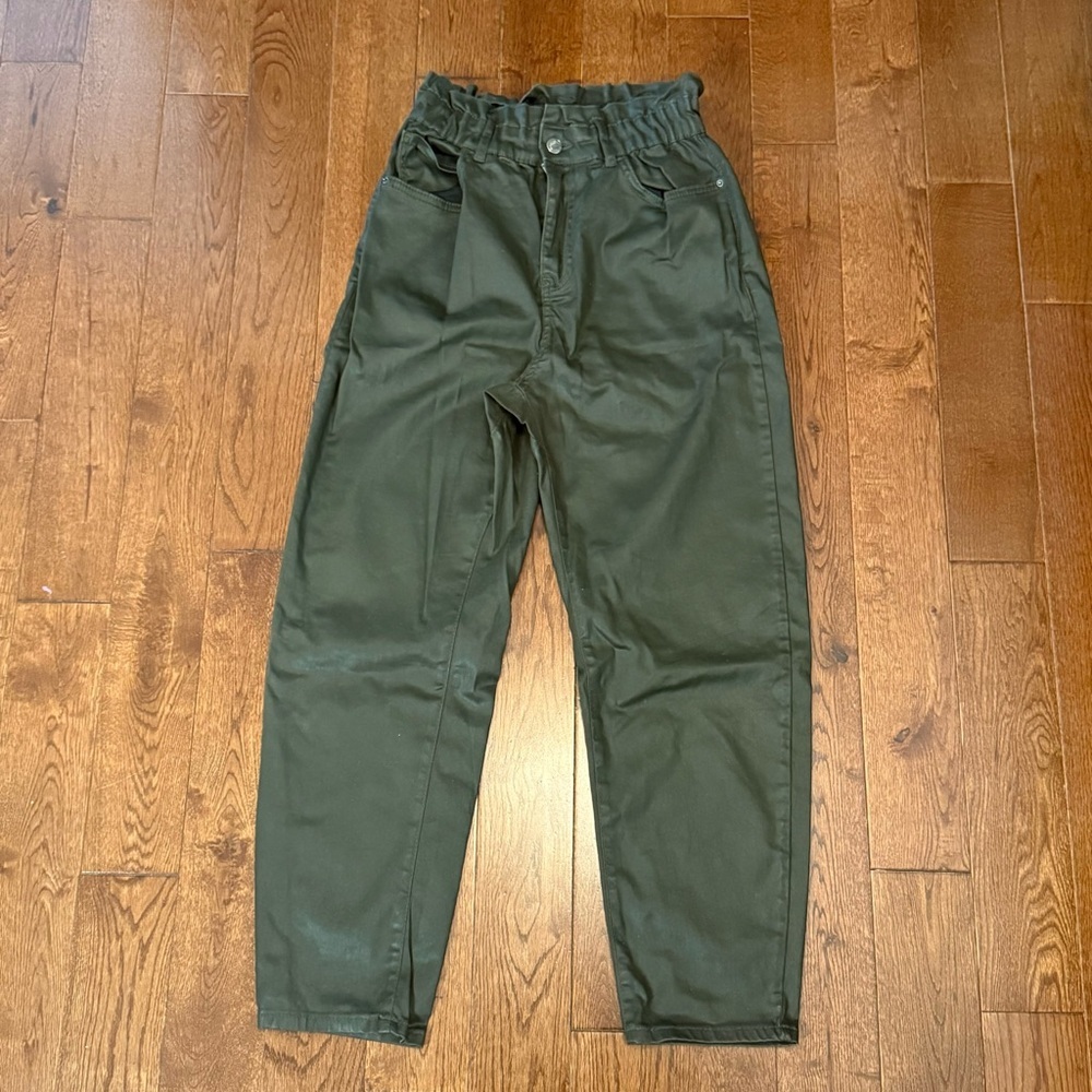 Zara coated barrel jeans with elastic waistband in dark army green